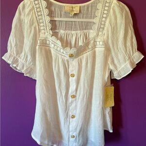White Puff Sleeve Blouse with Bib Collar and Ruffled Details